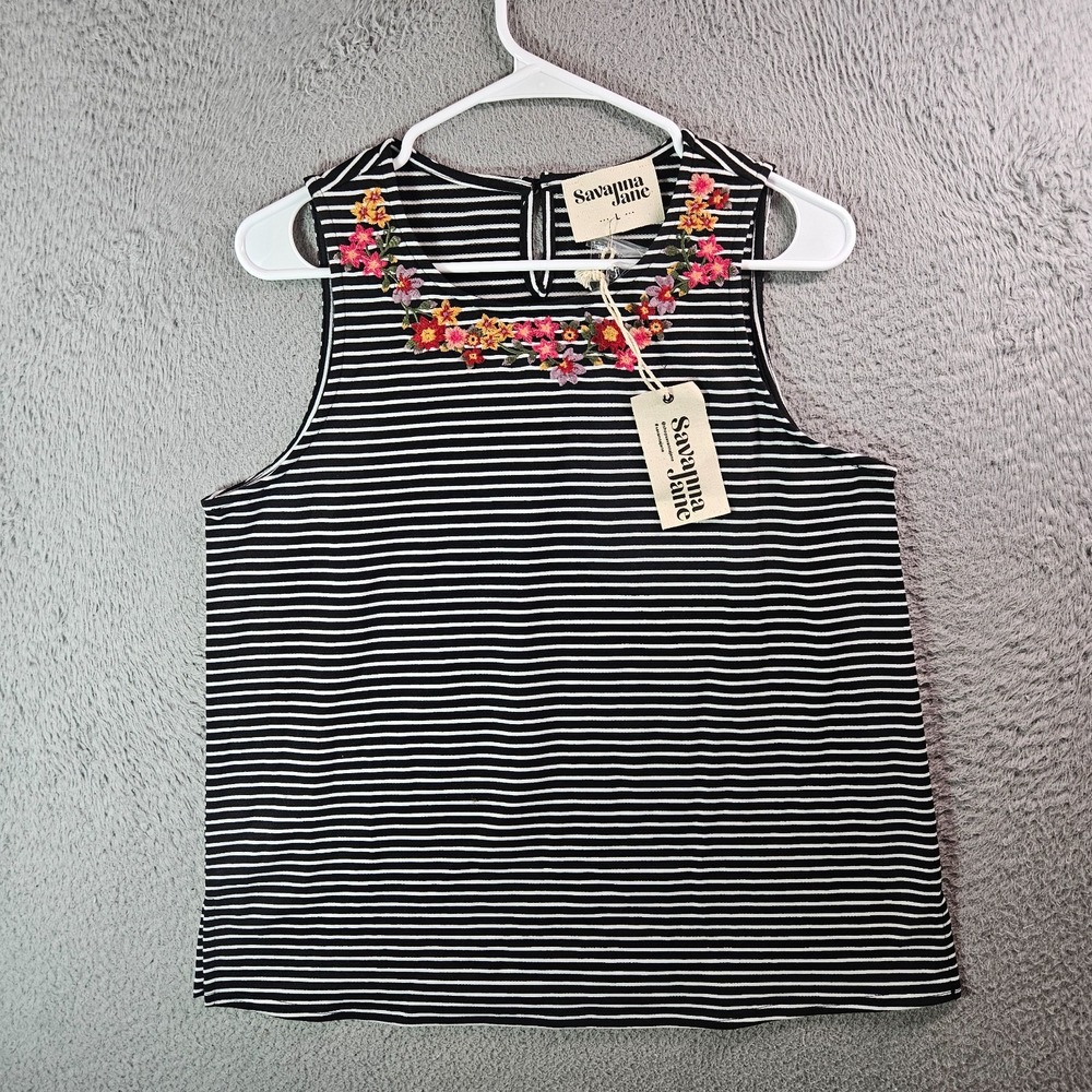 NEW Savanna Jane Sleeveless Tee Top Women Large Stretch Black White Striped